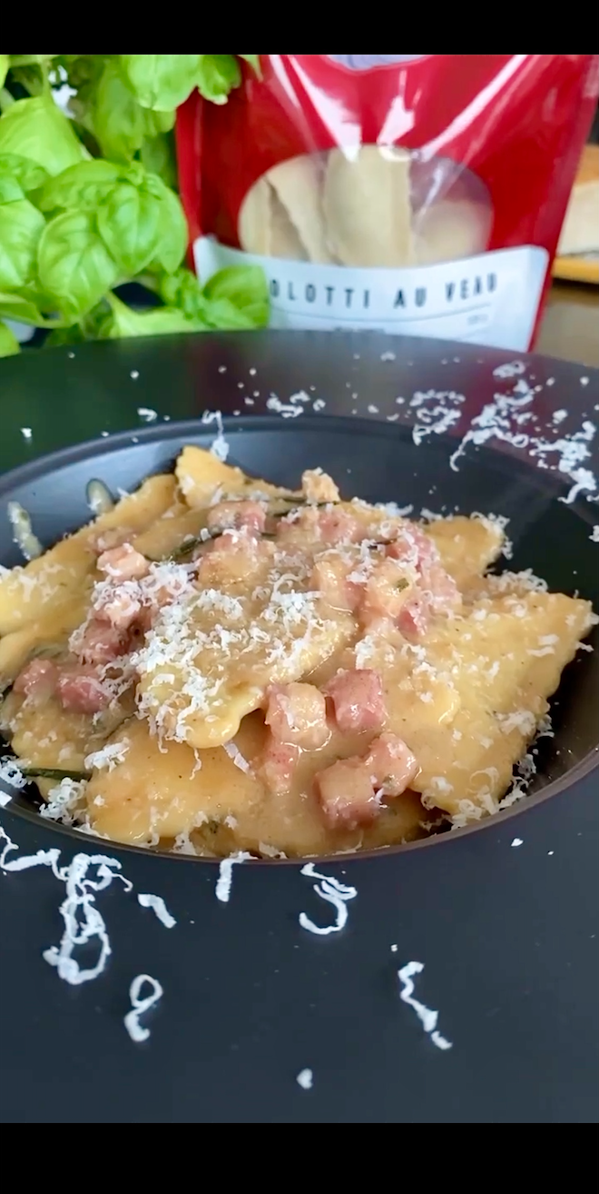 Agnolotti au veau, pancetta, romarin et Boursin